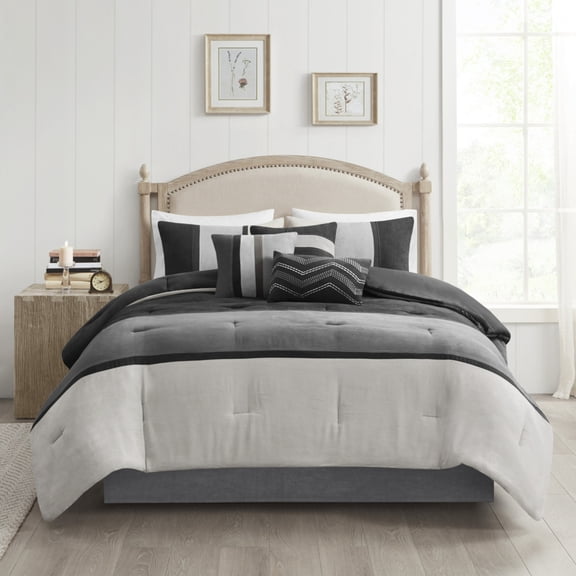 GDF Studio 7-Piece Faux Suede Comforter with Pillows & Shams, Queen Size Bedding Set, Black