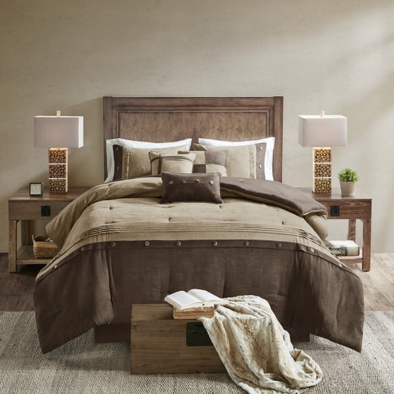 GDF Studio 7 Piece Faux Suede King Comforter Set with Pillows, Lodge Cabin Design, Brown