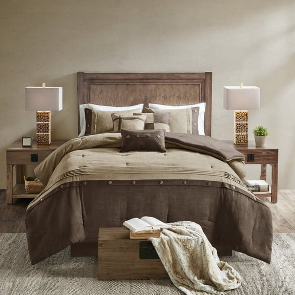 GDF Studio 7 Piece Faux Suede King Comforter Set with Pillows, Lodge Cabin Design, Brown