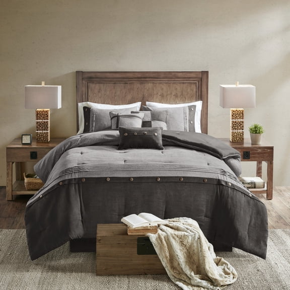 GDF Studio 7 Piece Faux Suede Queen Comforter Set with Pillows, Lodge Cabin Design, Gray