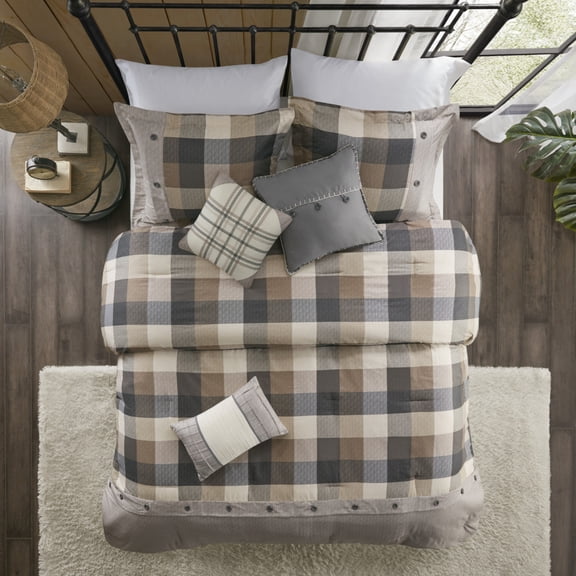 GDF Studio 7-Piece Herringbone Comforter Set, Farmhouse Plaid Style, California King Size, Neutral