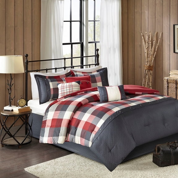 GDF Studio 7-Piece Herringbone Comforter Set, Farmhouse Plaid Style, King Size, Red