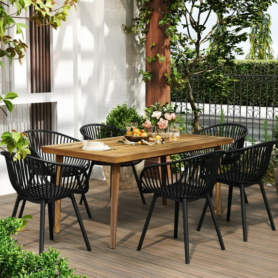 GDF Studio 7-Piece Outdoor Patio Dining Set, 63" Rectangle Wood Table & PP Armchairs, Black+Teak