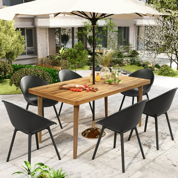 GDF Studio 7-Piece Outdoor Patio Dining Set, 63" Rectangle Wood Table & PP Side Chairs, Black+Teak