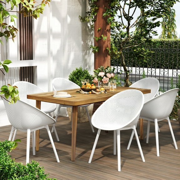 GDF Studio 7-Piece Outdoor Patio Dining Set, 63" Rectangle Wood Table & PP Side Chairs, White+Teak