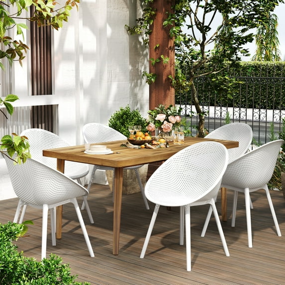 GDF Studio 7-Piece Outdoor Patio Dining Set, 63" Rectangle Wood Table & PP Side Chairs, White+Teak