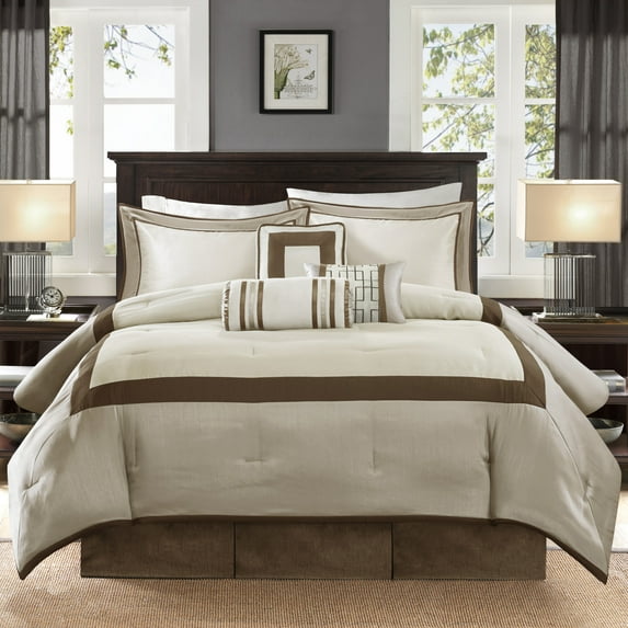 GDF Studio 7-Piece Queen Comforter Set, Transitional Bedding with Decorative Pillows, Taupe+Brown