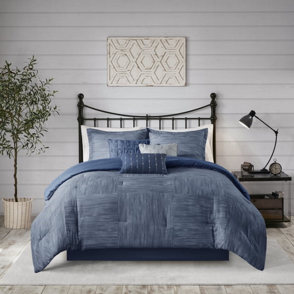 GDF Studio 7-Piece Queen Size Modern Printed Seersucker Comforter Set with Decorative Pillows, Navy