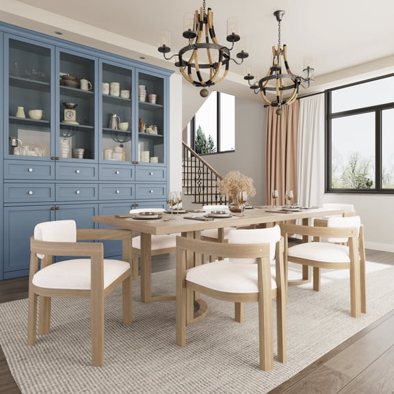 GDF Studio 7-Piece Rubberwood Dining Set with Boucle Upholstery Seats, Light Ash+Beige