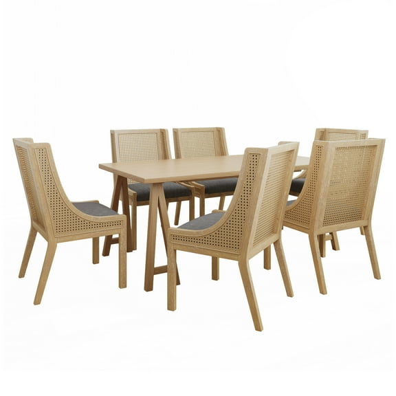 GDF Studio 7-Piece Rubberwood Dining Set with Cushioned Seats, Cane Rattan Webbing, Natural and Charcoal Gray Finish, Seats 6