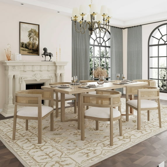 GDF Studio 7-Piece Rubberwood Dining Set with Rectangular Table and U-Shaped Dining Chairs, Light Ash+Beige