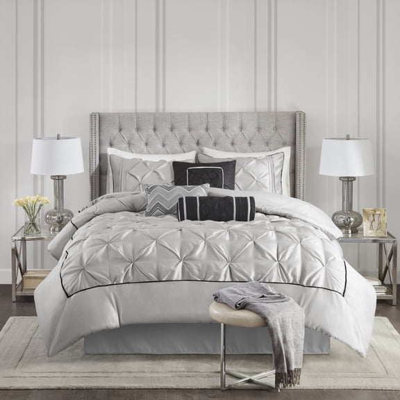 GDF Studio 7-Piece Tufted Comforter Set, Elegant Bedding with Decorative Pillows, Queen Size, Gray
