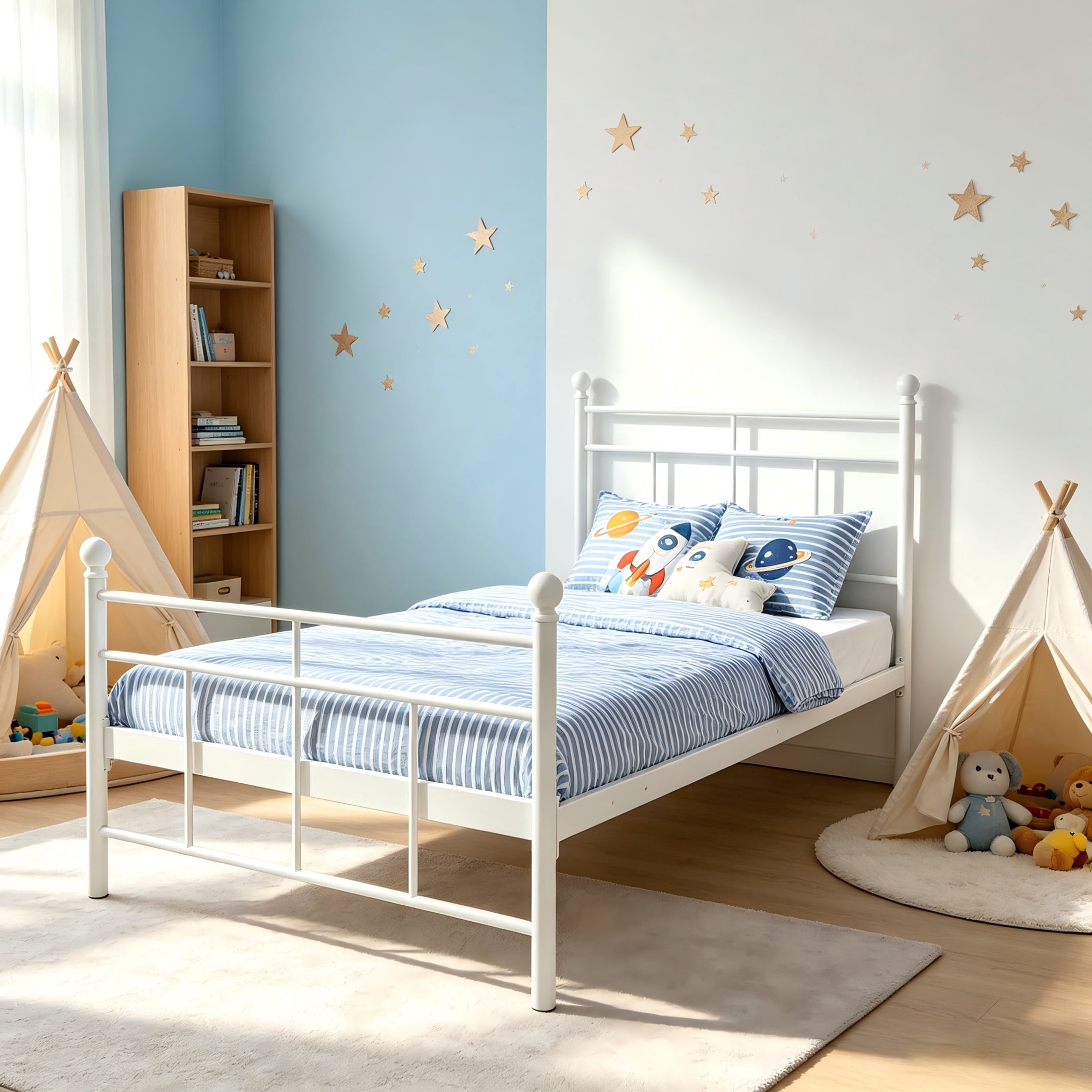 GDF Studio 78.5" Twin Heavy-Duty Metal Platform Bed with Sturdy Support Slats, White