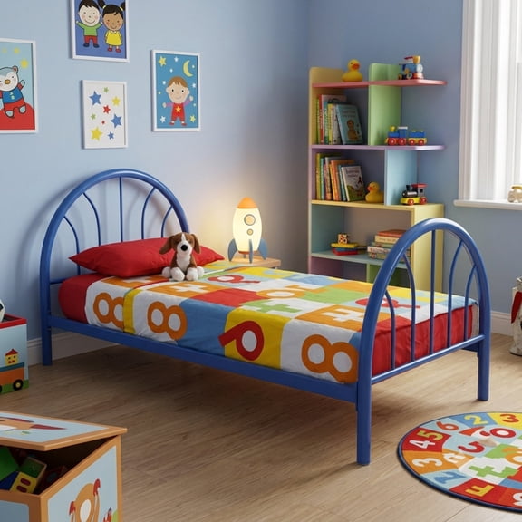 GDF Studio 79" Twin Heavy-Duty Metal Platform Bed with 16 Support Slats, Arched Headboard, Blue