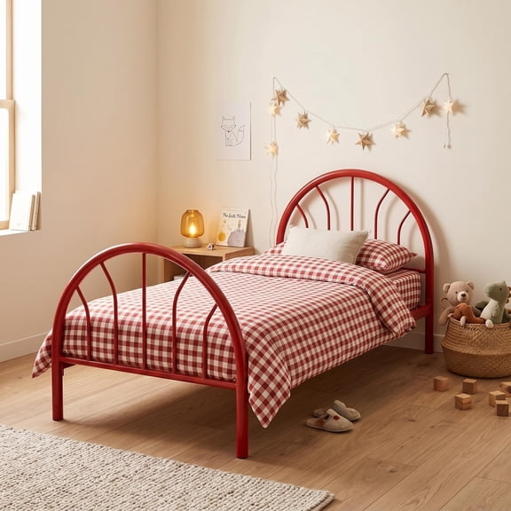 GDF Studio 79" Twin Heavy-Duty Metal Platform Bed with 16 Support Slats, Arched Headboard, Red