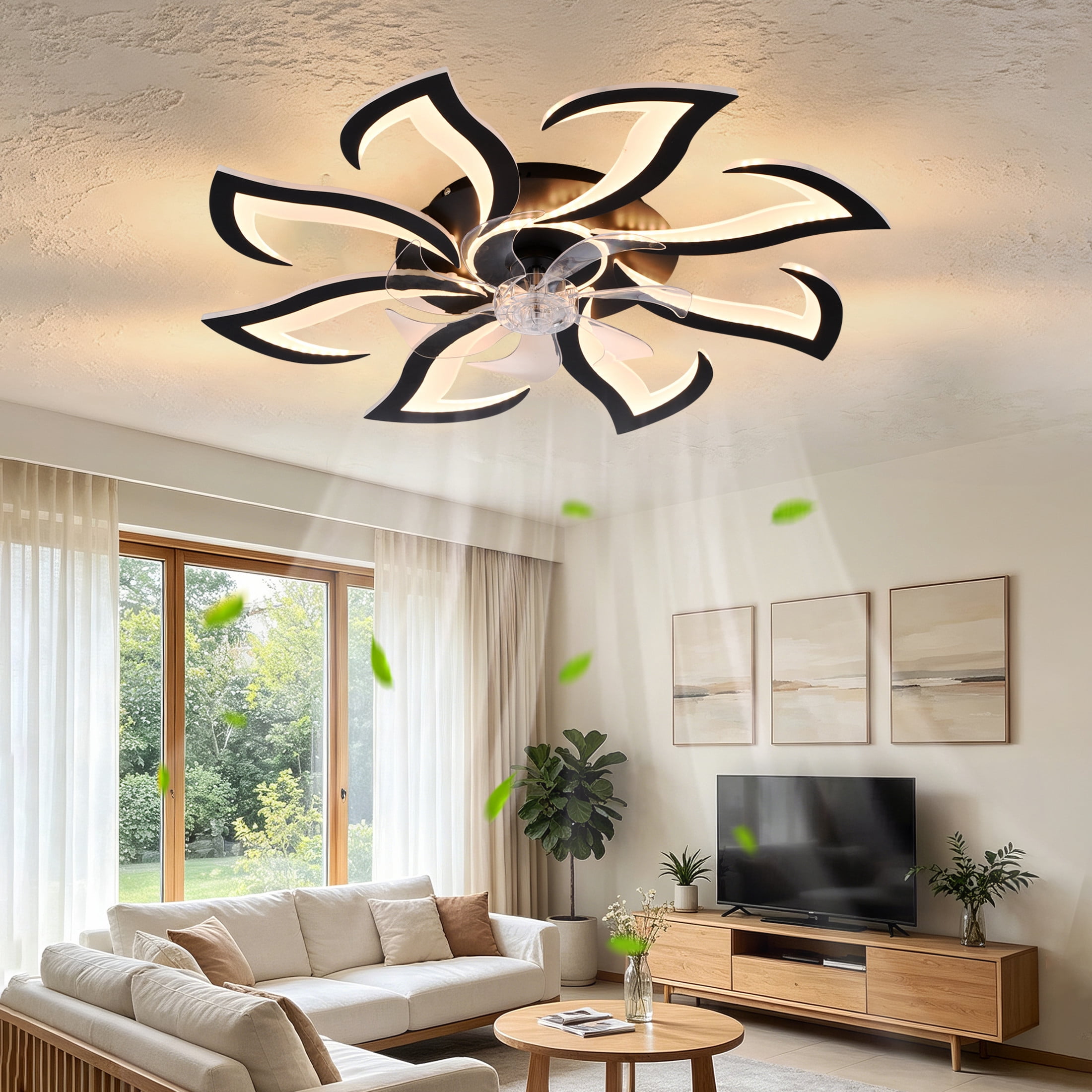 GDF Studio 8-Head Flower Modern Ceiling Fan with LED Lights & Remote Control, Low Profile Flush Mount Fandelier, Black