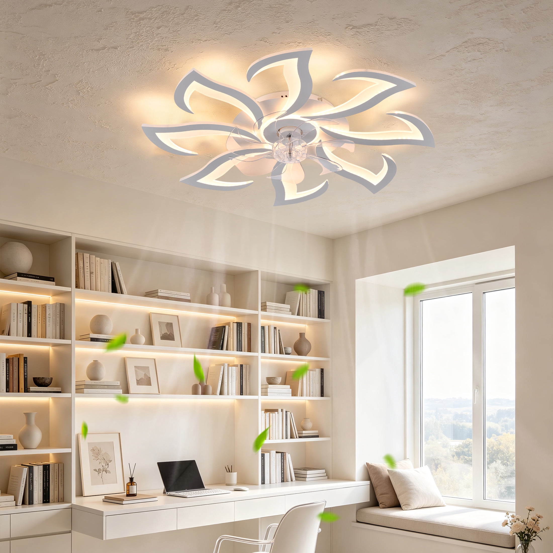 GDF Studio 8-Head Flower Modern Ceiling Fan with LED Lights & Remote Control, Low Profile Flush Mount Fandelier, White