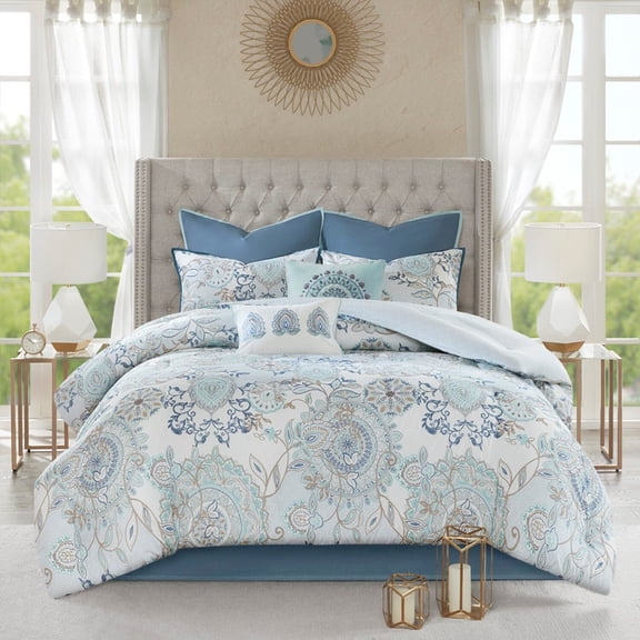 GDF Studio 8-Piece Cotton Floral Reversible Comforter Set, Shabby Chic Style, Queen Size, Blue