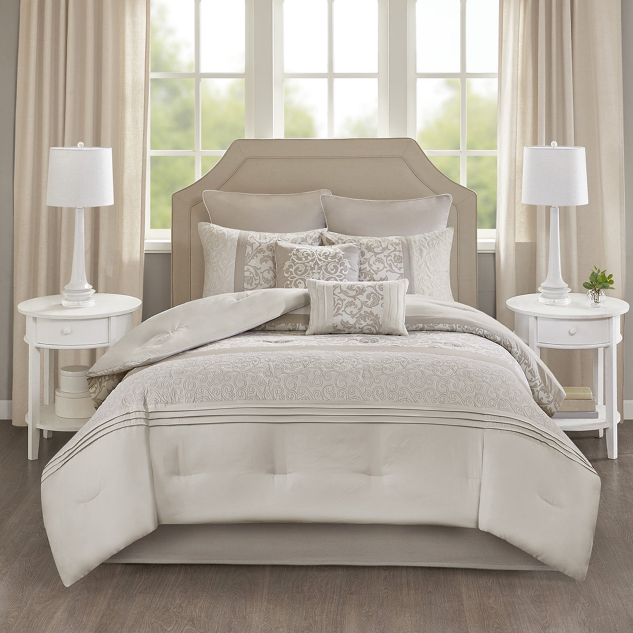 GDF Studio 8-Piece Luxury Embroidered Comforter Set, Quilted California King Size Bedding, Neutral
