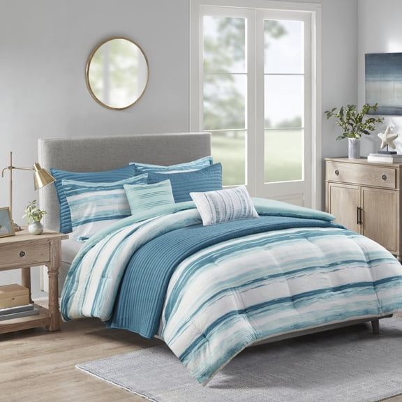 GDF Studio 8-Piece Seersucker Comforter & Quilt Set, Watercolor Stripe Print, Full/Queen Size, Aqua