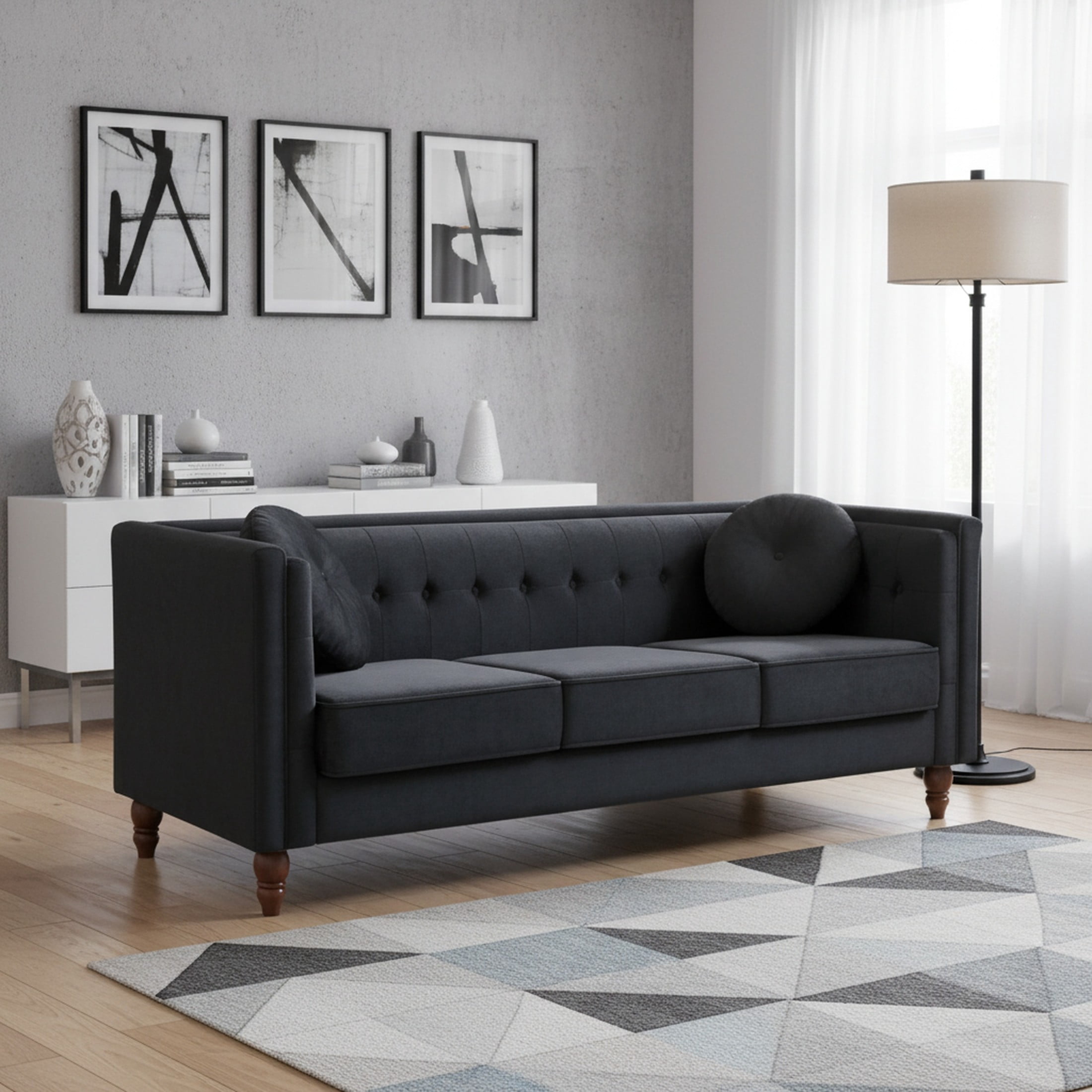 GDF Studio 80.7" Chesterfield Tufted Sofa with Square Arms, Crushed Velvet Upholstery, Black