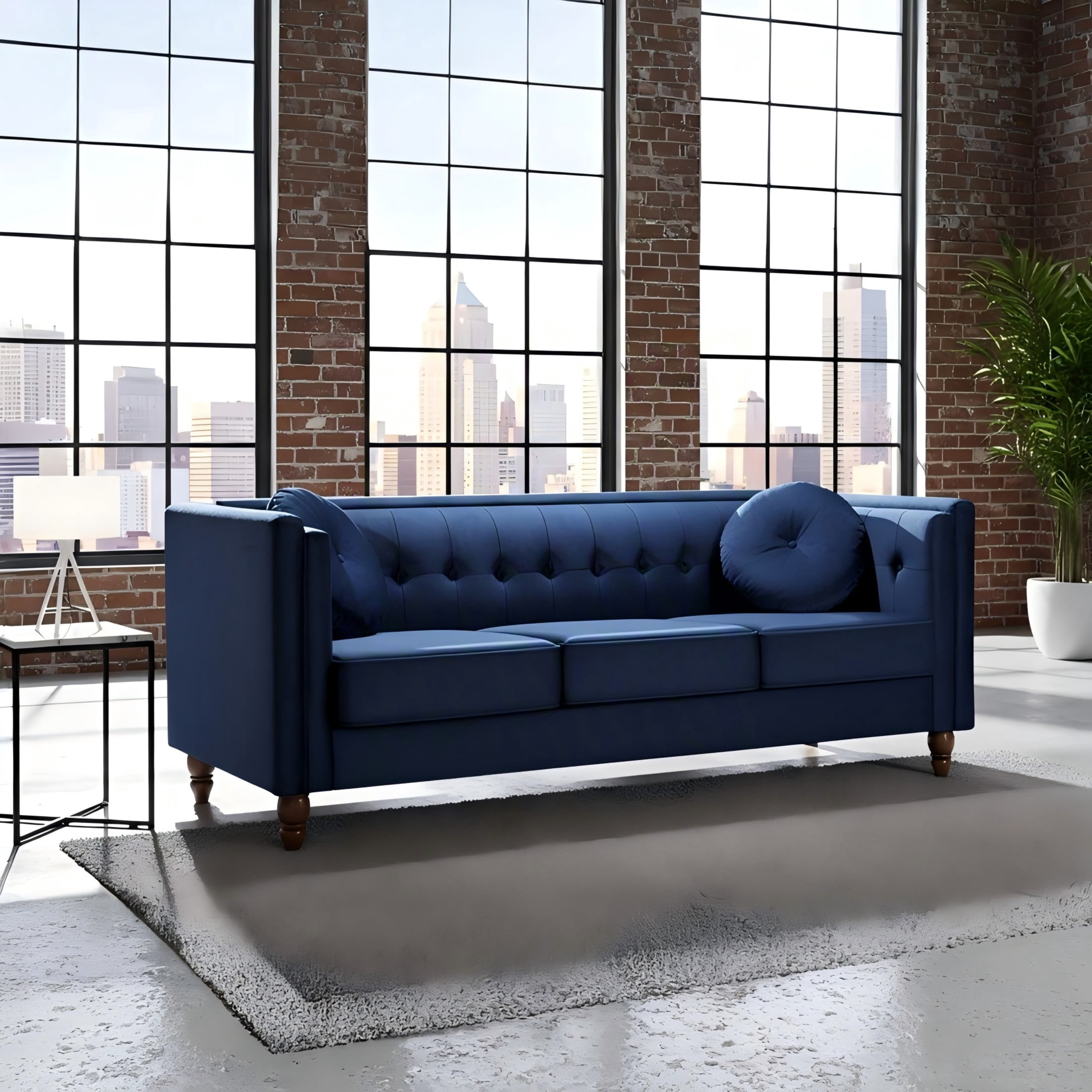 GDF Studio 80.7" Chesterfield Tufted Sofa with Square Arms, Crushed Velvet Upholstery, Deep Blue