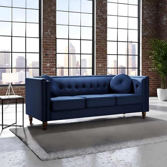 GDF Studio 80.7" Chesterfield Tufted Sofa with Square Arms, Crushed Velvet Upholstery, Deep Blue