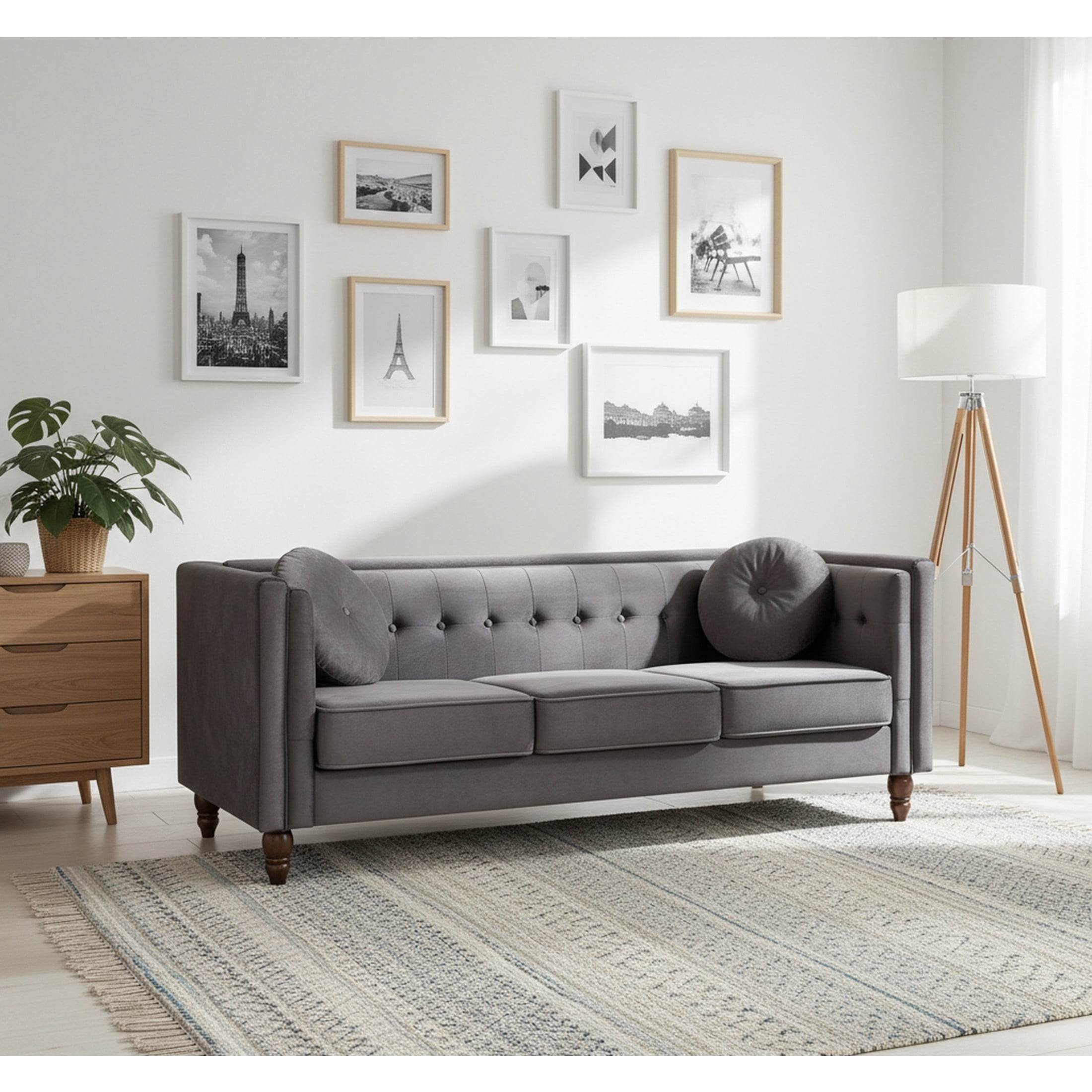 GDF Studio 80.7" Chesterfield Tufted Sofa with Square Arms, Crushed Velvet Upholstery, Gray
