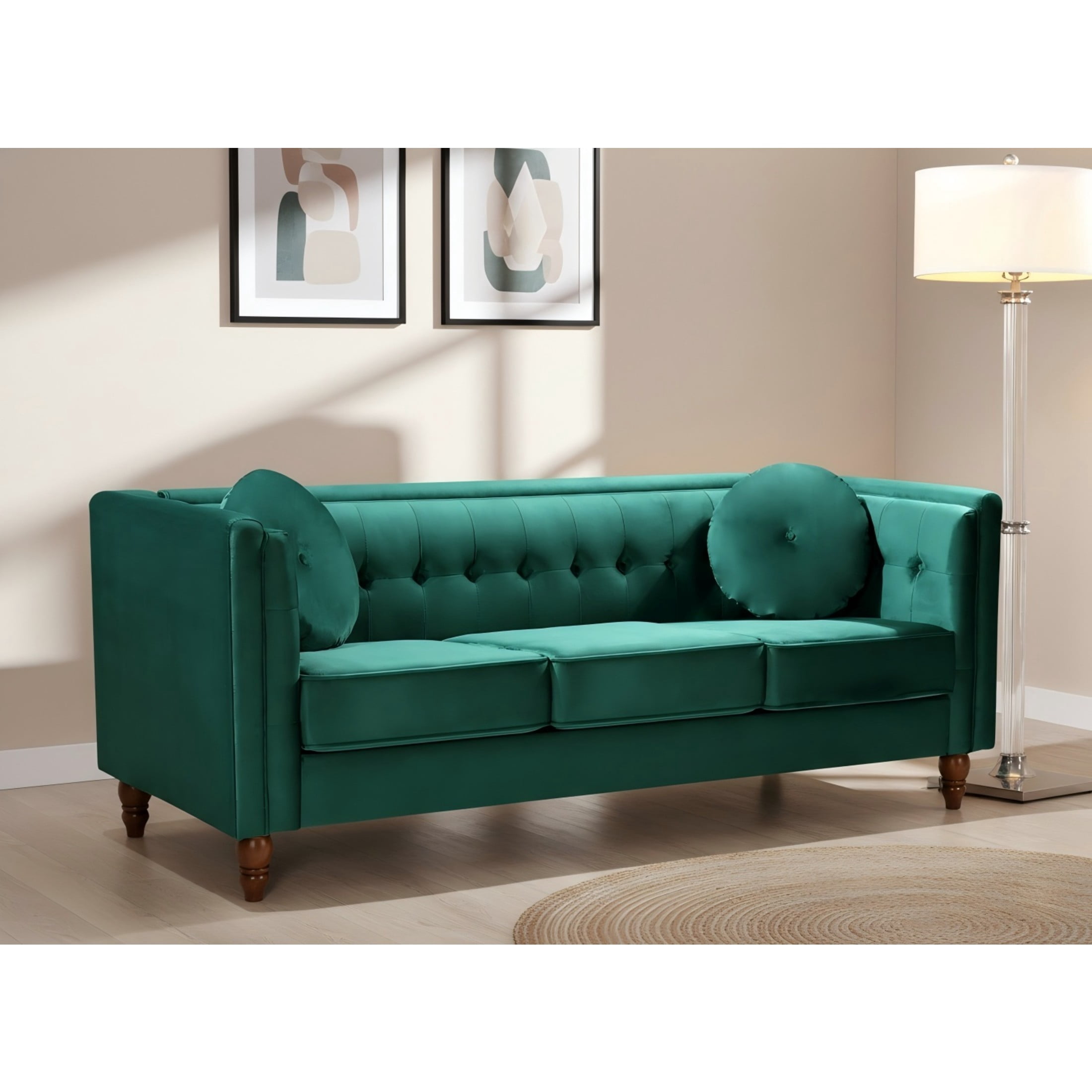GDF Studio 80.7" Chesterfield Tufted Sofa with Square Arms, Crushed Velvet Upholstery, Green