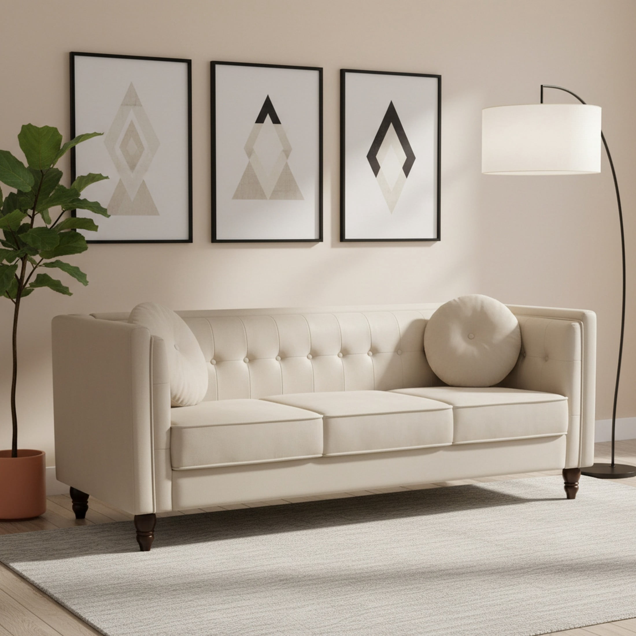 GDF Studio 80.7" Chesterfield Tufted Sofa with Square Arms, Crushed Velvet Upholstery, Ivory