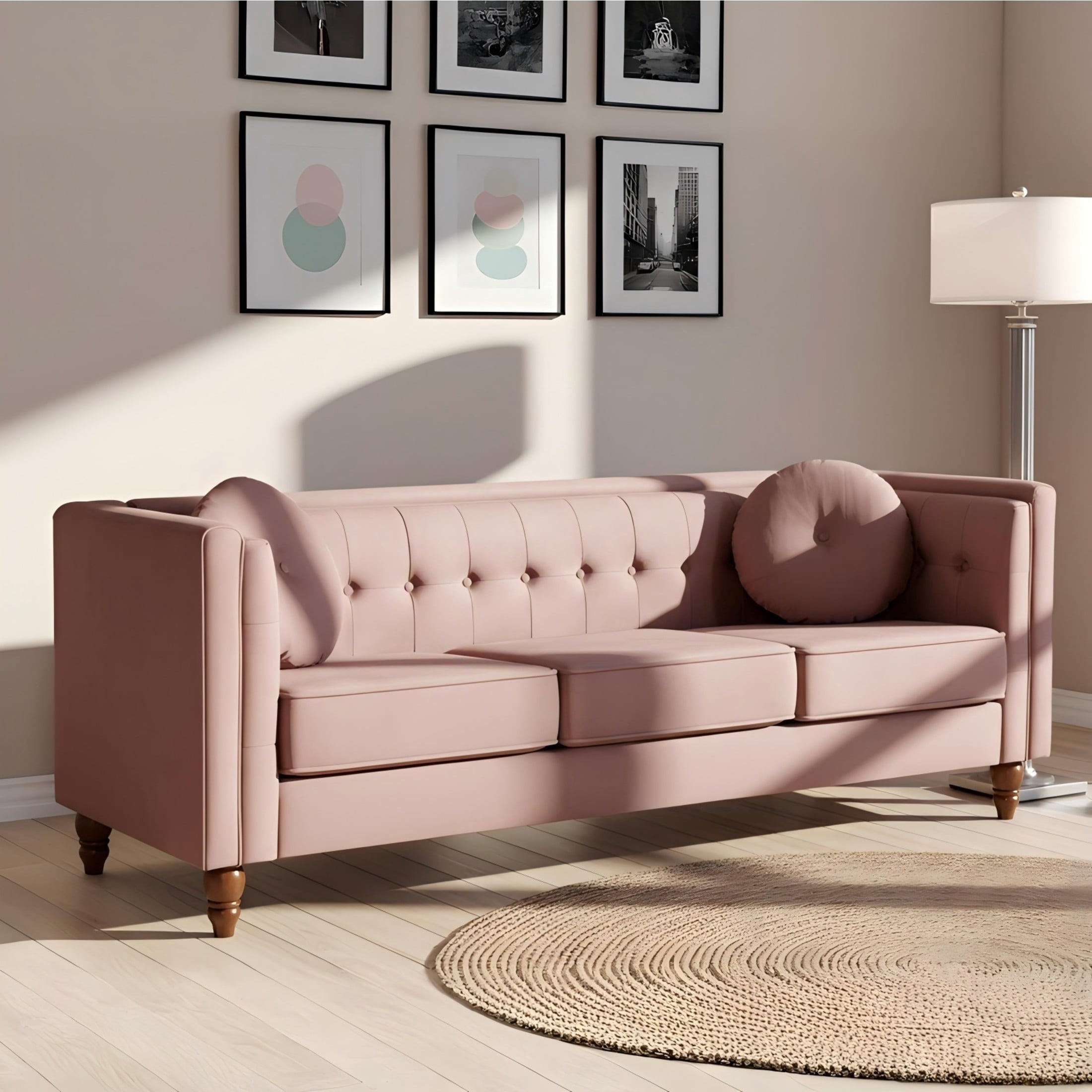 GDF Studio 80.7" Chesterfield Tufted Sofa with Square Arms, Crushed Velvet Upholstery, Rose