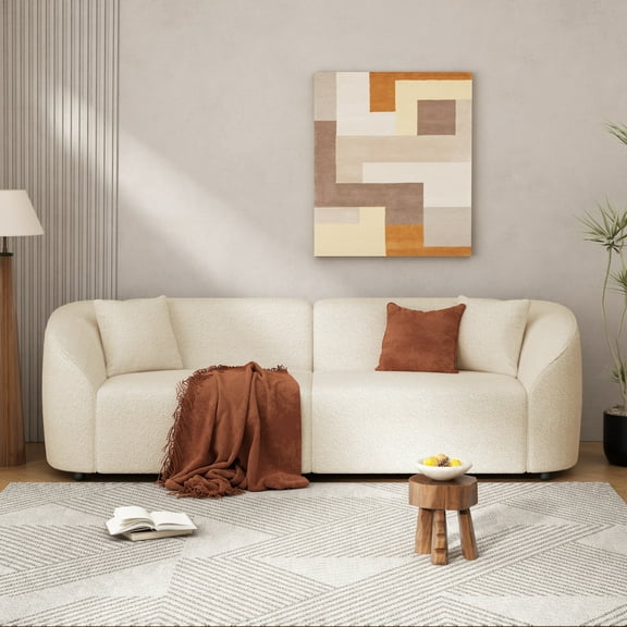 GDF Studio 87.5" Modern 3 Seater Boucle Fabric Curved Sofa Couch with 2 Pillows, Beige