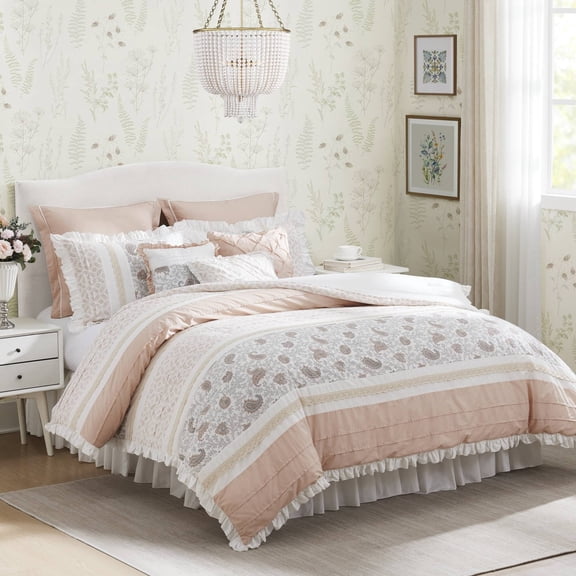GDF Studio 9-Piece Cotton Pintuck Comforter Set, Cottage Farmhouse Bedding, Queen Size, Blush