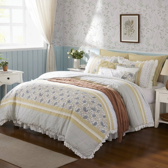 GDF Studio 9-Piece Cotton Pintuck Comforter Set, Cottage Farmhouse Bedding, Queen Size, Yellow