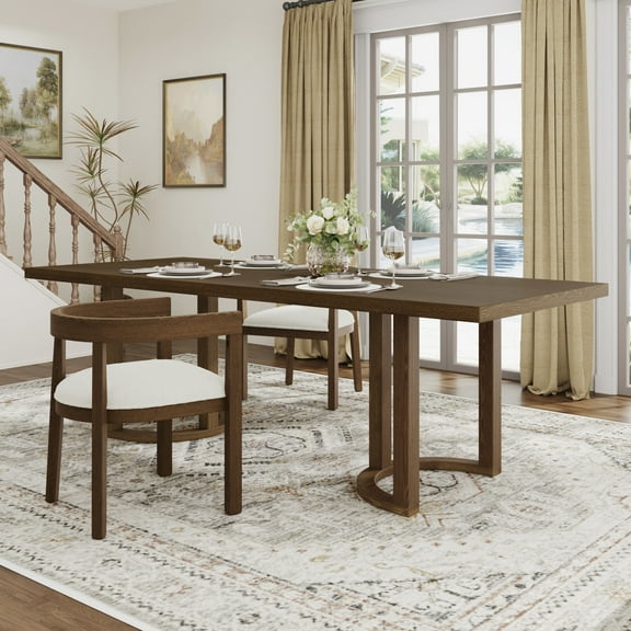 GDF Studio 95" Dining Table for 8, Wood Rectangular Table with U-Shaped Trestle Base, Walnut Finish
