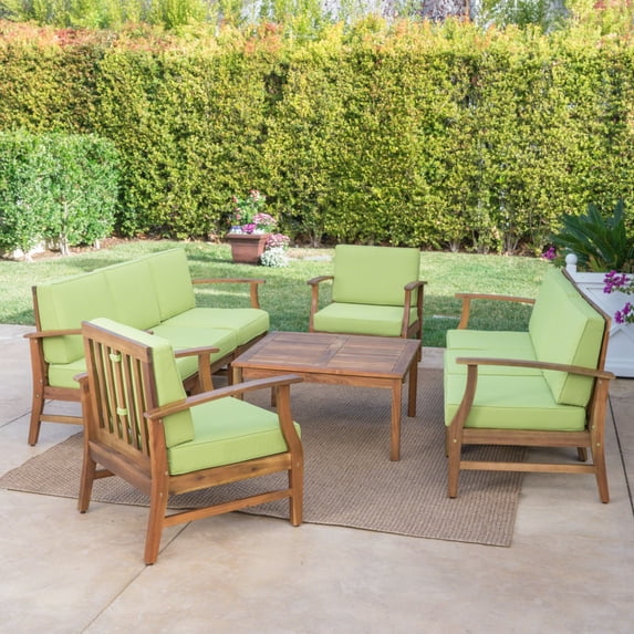 GDF Studio Abena Outdoor 8 Seater Acacia Wood Chat Set with Cushions, Teak and Green
