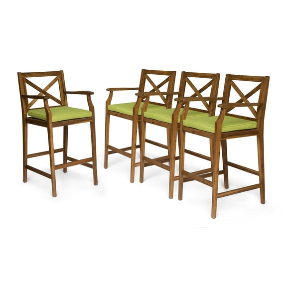 GDF Studio Abena Outdoor Acacia Wood 28.5 Inch Barstools and With Cushion, Set of 4, Teak and Green