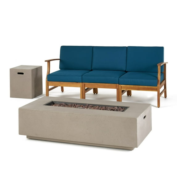 GDF Studio Abena Outdoor Acacia Wood 3 Seater Sofa with Fire Pit, Teak, Blue, and Light Gray