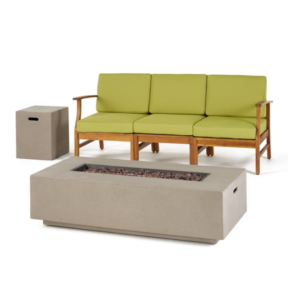 GDF Studio Abena Outdoor Acacia Wood 3 Seater Sofa with Fire Pit, Teak, Green, and Light Gray