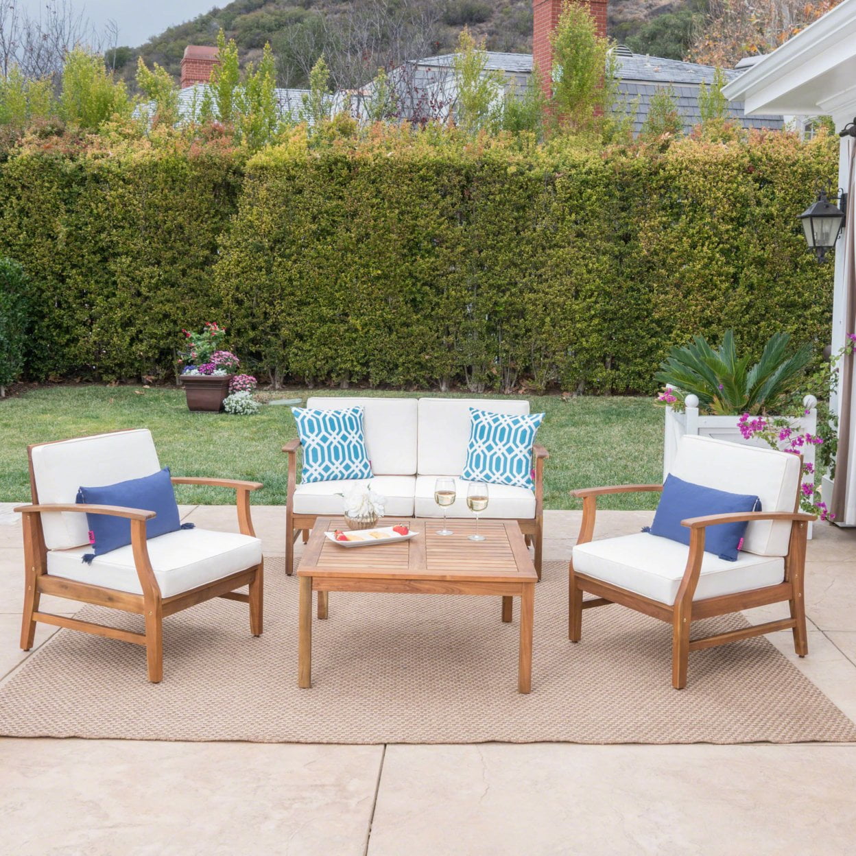 Teak and Cream Acacia Wood 4-Seater Outdoor Chat Set