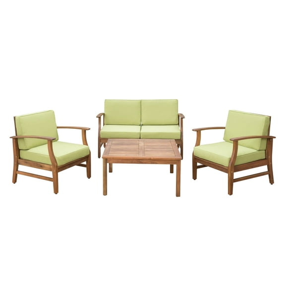 GDF Studio Abena Outdoor Acacia Wood 4 Seater Chat Set with Cushions, Teak and Green