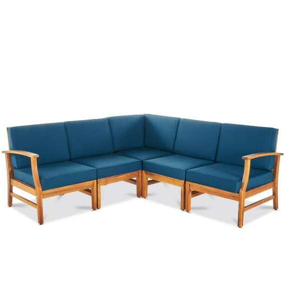 GDF Studio Abena Outdoor Acacia Wood 5 Seater Sectional Sofa Set with Cushions, Teak and Blue