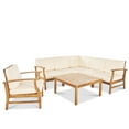 thumbnail image 1 of GDF Studio Abena Outdoor Acacia Wood 6 Seater Sectional Sofa and Club Chair Chat Set with Cushions, Teak and Cream, 1 of 13