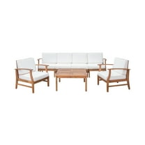 GDF Studio Abena Outdoor Acacia Wood 6 Seater Sofa and Club Chair Set, Teak and Cream