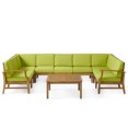 thumbnail image 1 of GDF Studio Abena Outdoor Acacia Wood 9 Seater Sectional Sofa Chat Set with Cushions, Teak and Green, 1 of 13