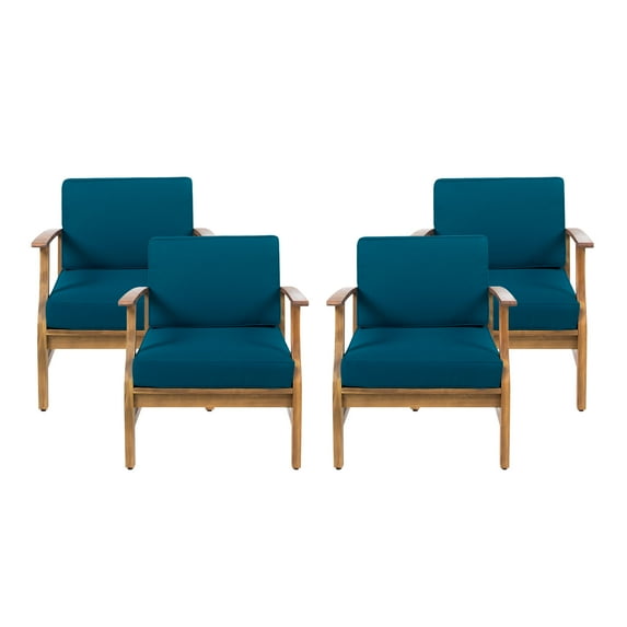GDF Studio Abena Outdoor Acacia Wood Club Chairs with Cushions, Set of 4, Teak and Blue