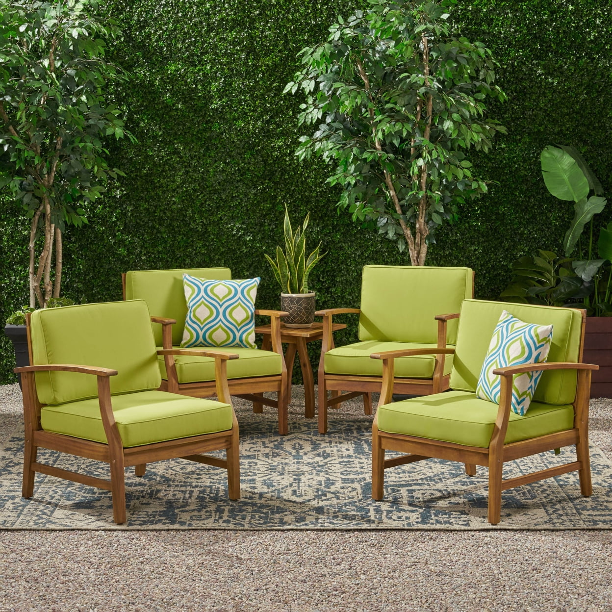 Teak Finish Acacia Wood Outdoor Club Chairs with Green Cushions, Set of 4