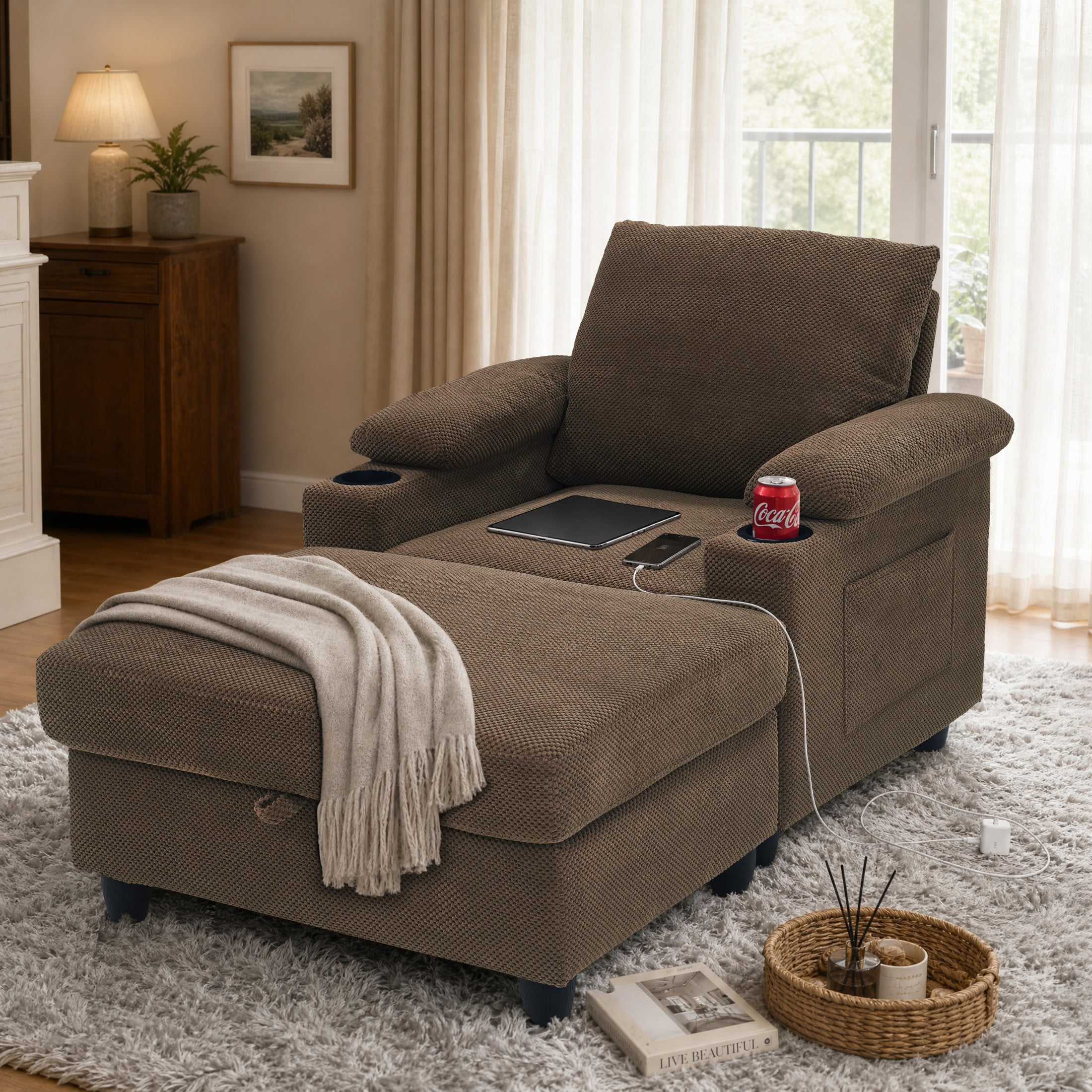 GDF Studio Abriel Accent Chair with Storage Ottoman, USB Ports & Cup Holders, Versatile Chaise Lounge, Coffee