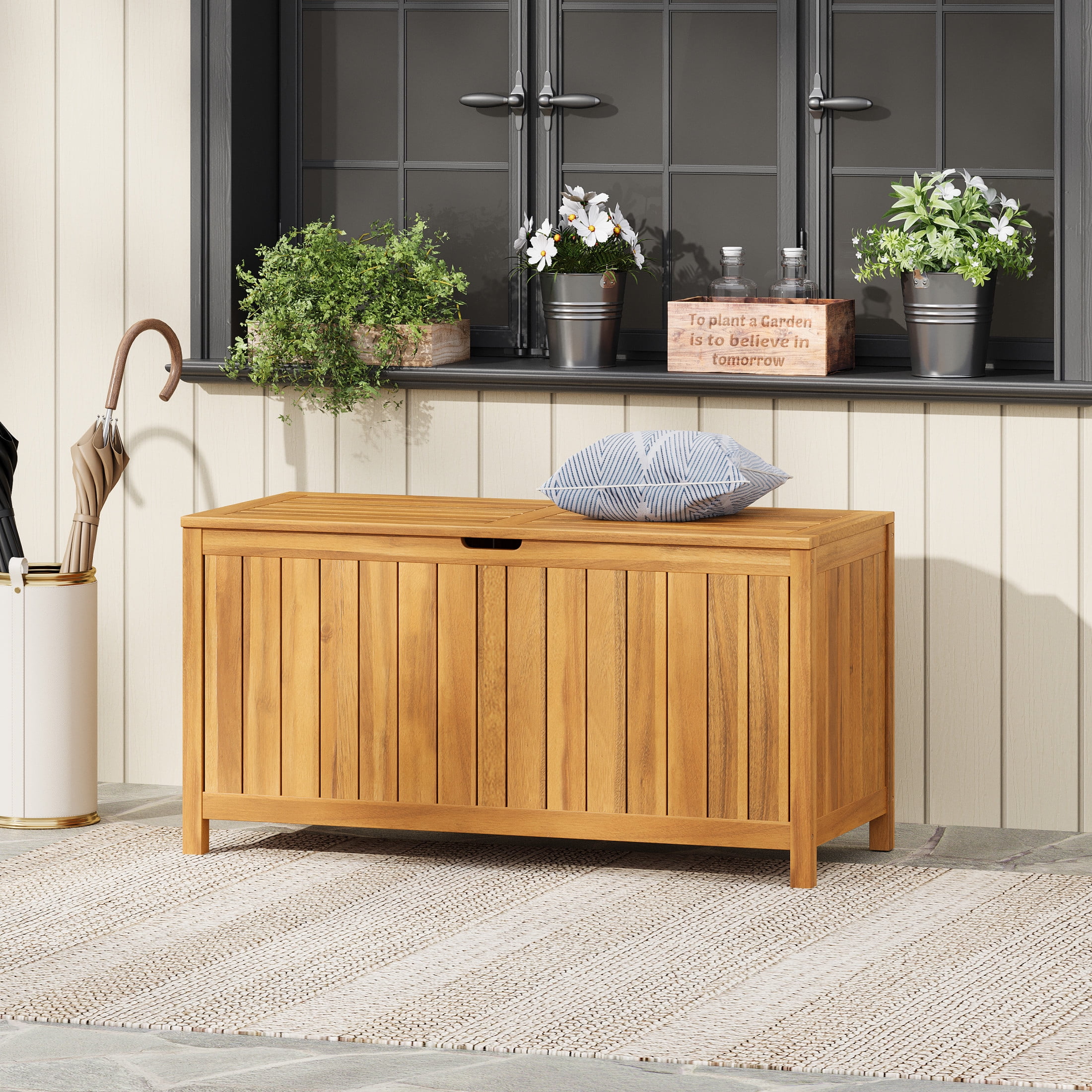 Acacia Wood Teak Finish 100 Gallon Outdoor Patio Deck Storage Box