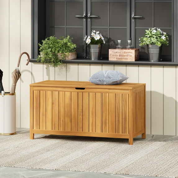 GDF Studio Acacia Wood 100 Gallon Outdoor Patio Deck Storage Box, Teak Finish